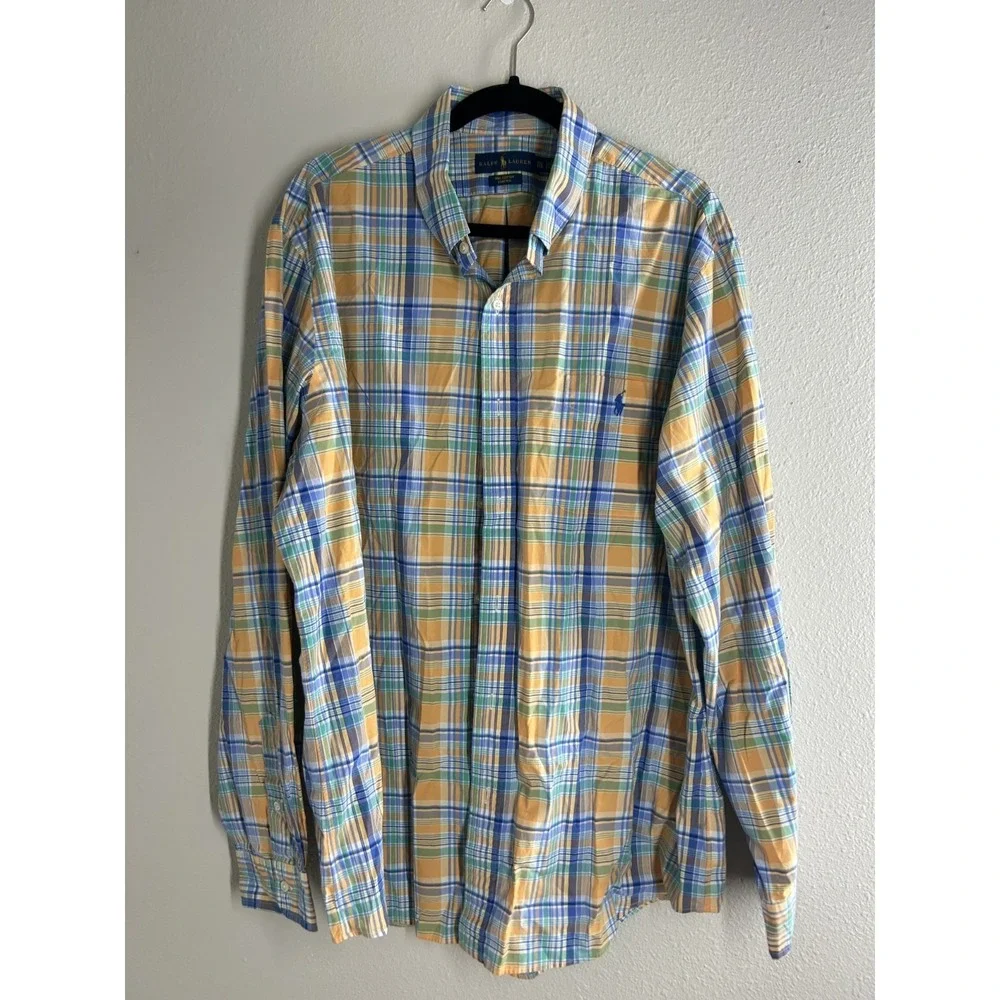 Polo Ralph Lauren Shirt Mens Big 2X Multicolor Plaid Blue Pony Long Sleeve